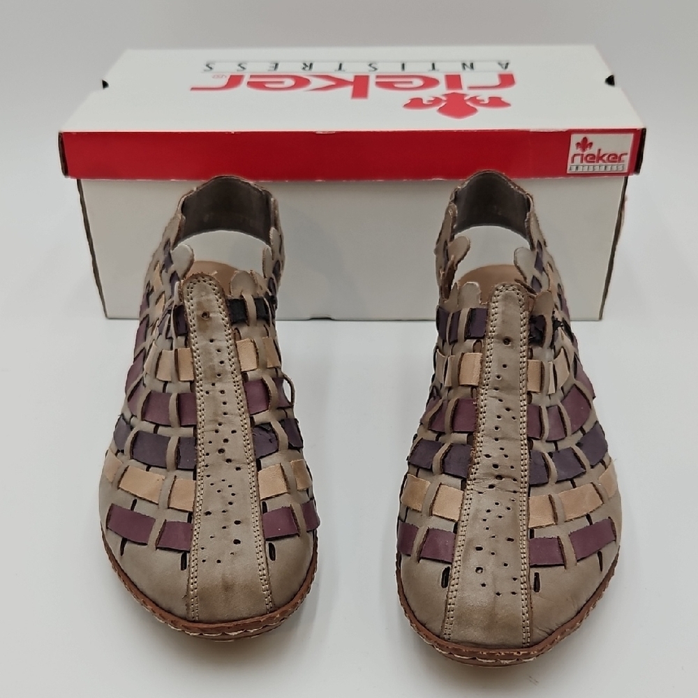 Rieker Sina Beige Purple Kombi Woven Shoes Slip On 46778-62 Leather